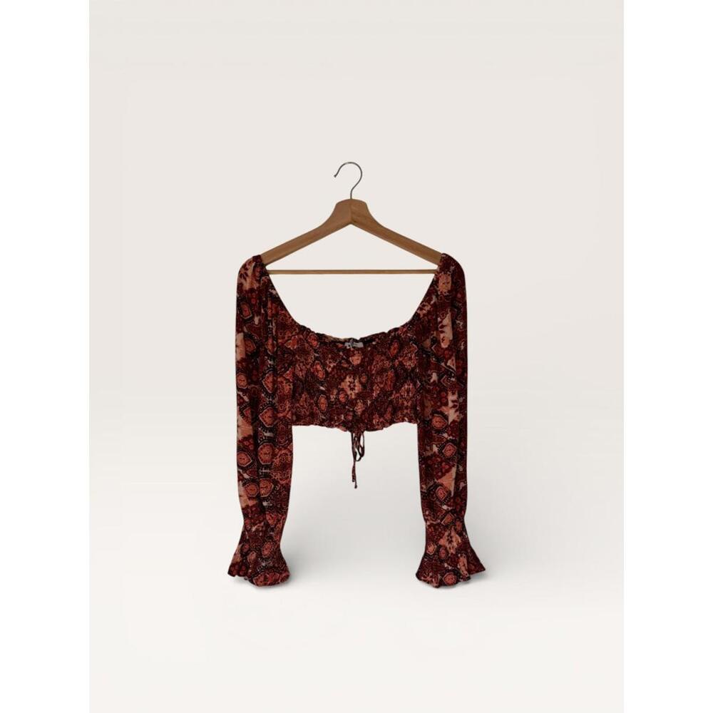 Boho Cropped Olivaceous Women's Long Sleeve Peasant Top Size S